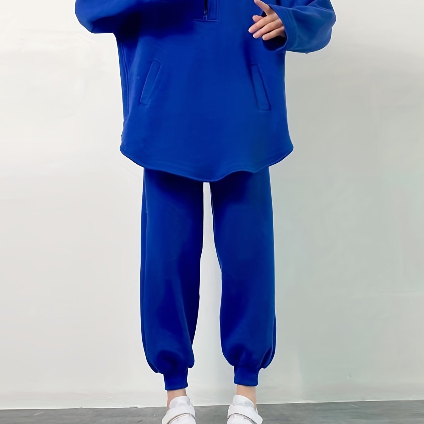 gbolsos  2 Pieces Solid Sports Set, Half Zipper Pocket Loose Pullover Shirts & High Waist Jogger Pants, Women's Clothing