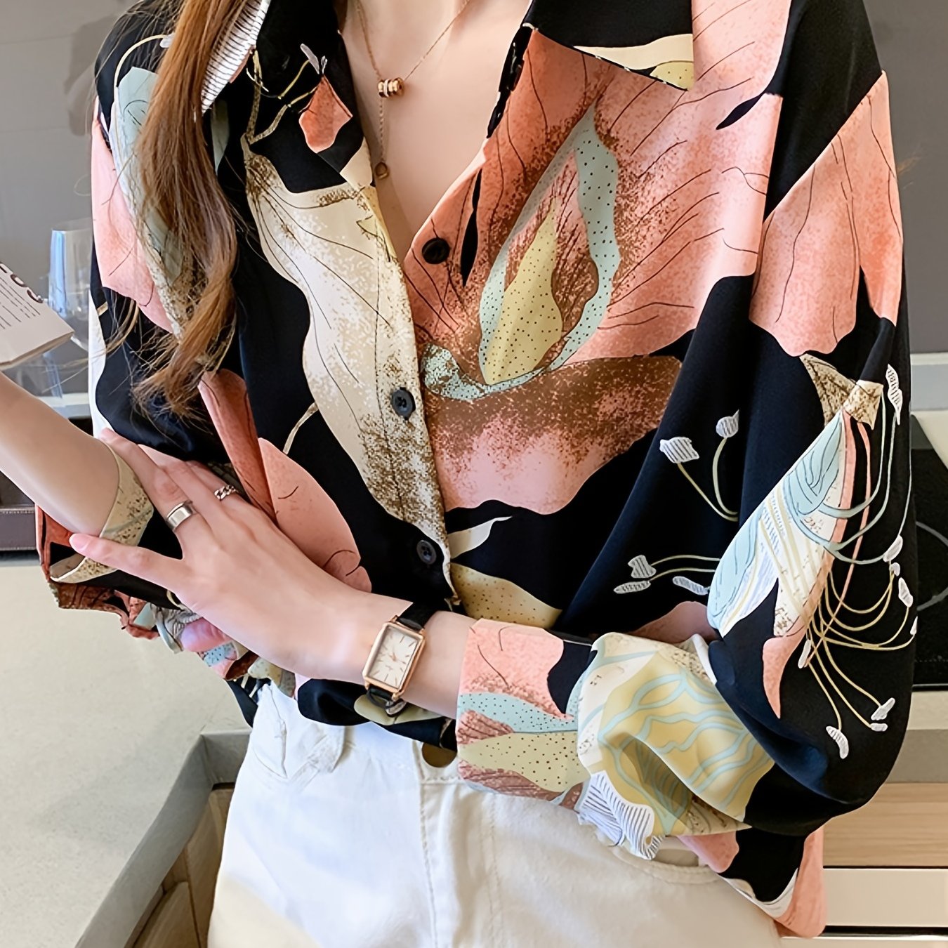 gbolsos  Print V-neck Loose Lapel Blouses, Casual Button Down Long Sleeve Fashion Shirts Tops, Women's Clothing