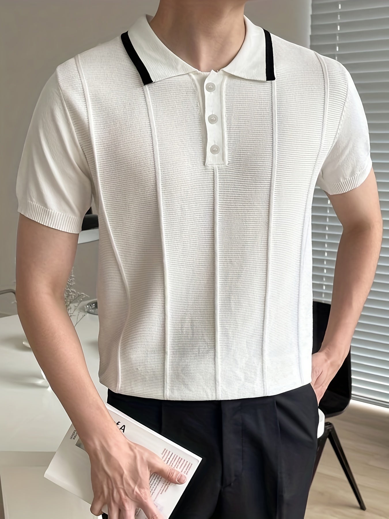 Knitting Short Sleeve Polo Shirts, V-neck Button Up Casual Tops, Men's Clothing