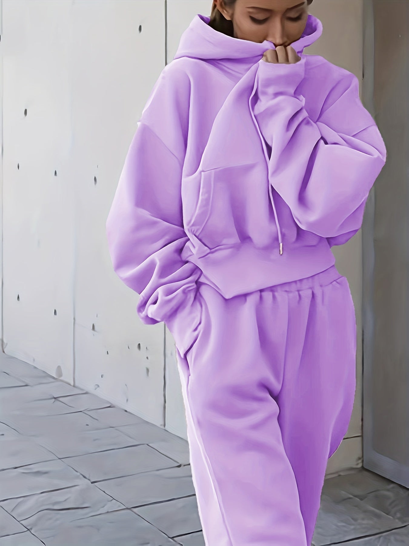 gbolsos  2pcs Athleisure Set, Oversized Solid Hooded Pocket Drawstring Sweatshirts & Sweatpants Sets, Women's Clothing
