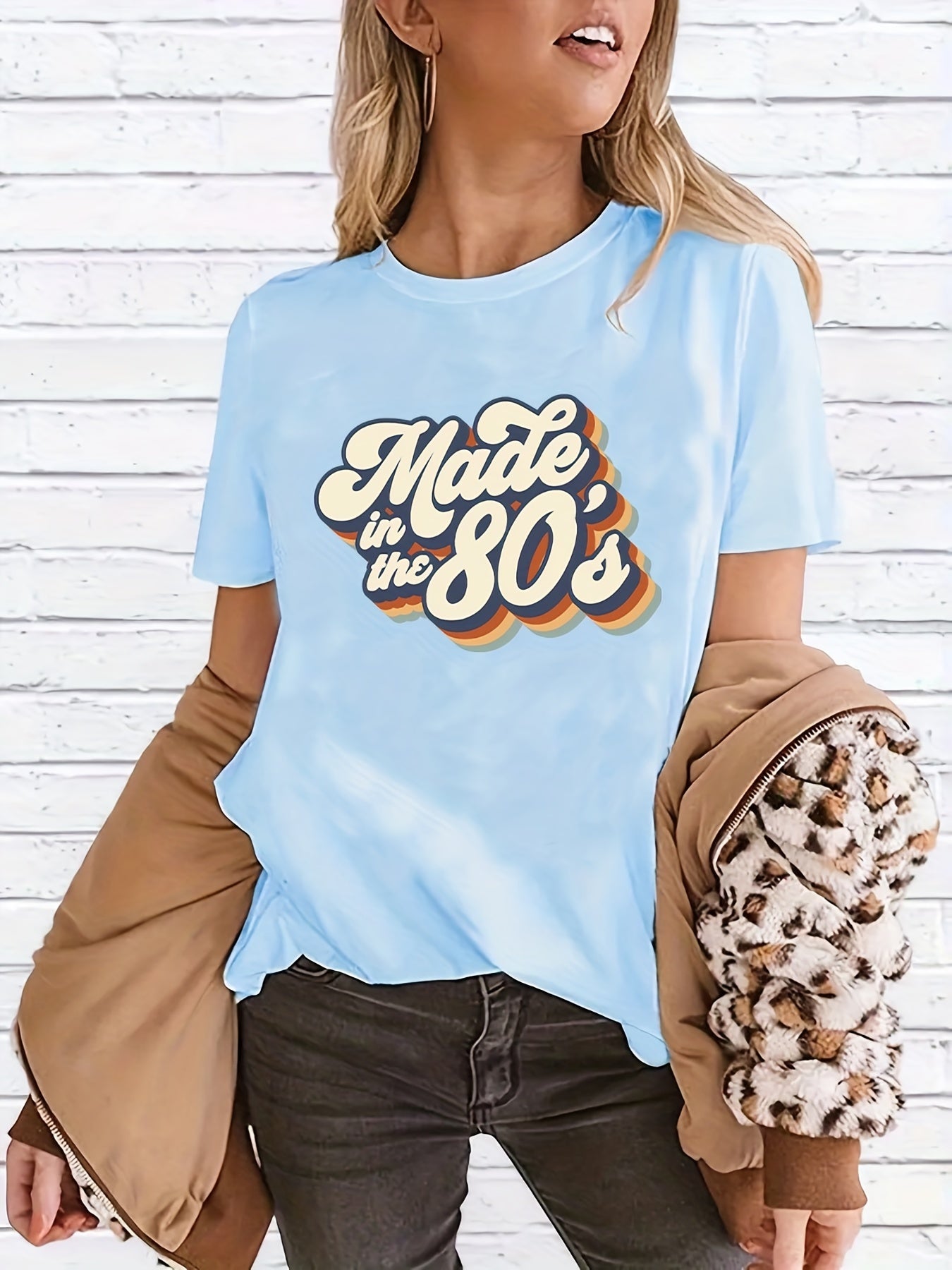 gbolsos  "Made In The 203.2cms" Letter Print T-shirts, Crew Neck Short Sleeve Summer Sports Top, Women's Clothing