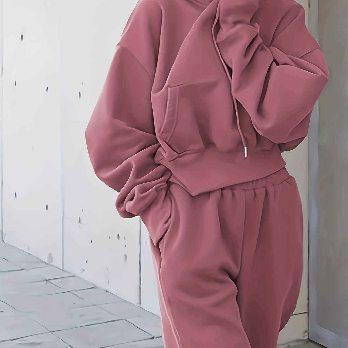gbolsos  2pcs Athleisure Set, Oversized Solid Hooded Pocket Drawstring Sweatshirts & Sweatpants Sets, Women's Clothing