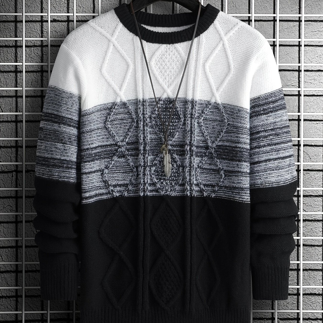 Men's Gradient Crewneck Casual Check Knit Pullover Sweater