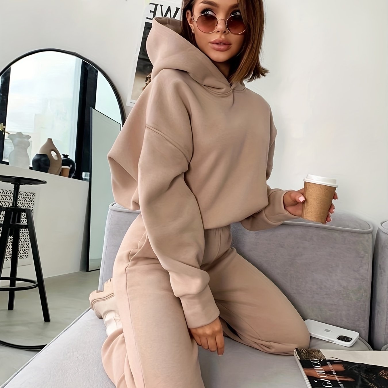 gbolsos  2pcs Solid Color Casual Suits, Long Sleeve Hooded Sweatshirts & High Waist Slant Pockets Jogger Pants Set, Women's Clothing