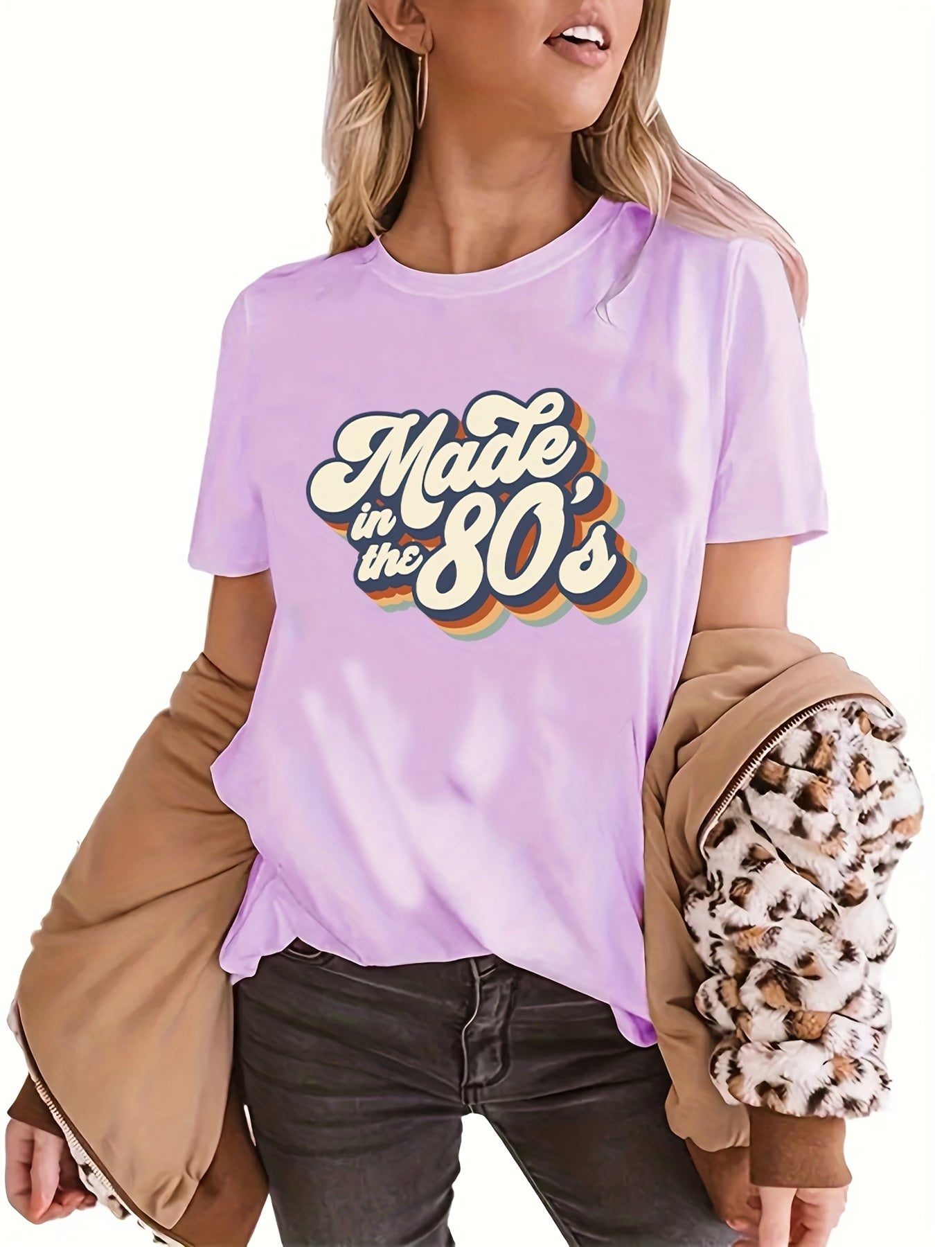 gbolsos  "Made In The 203.2cms" Letter Print T-shirts, Crew Neck Short Sleeve Summer Sports Top, Women's Clothing