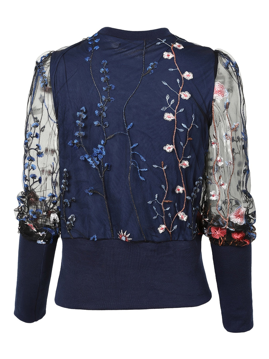 kkboxly  Embroidered Mesh Loose Blouses, Vintage Crew Neck Long Sleeve Fashion Shirts Tops, Women's Clothing