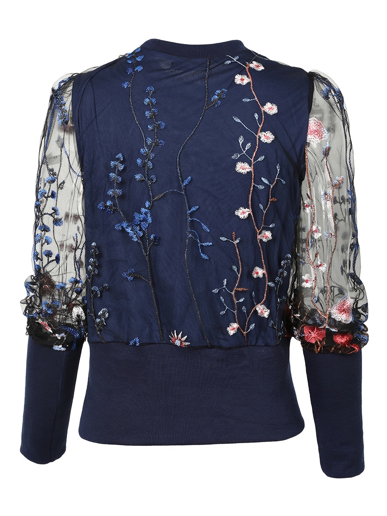 kkboxly  Embroidered Mesh Loose Blouses, Vintage Crew Neck Long Sleeve Fashion Shirts Tops, Women's Clothing