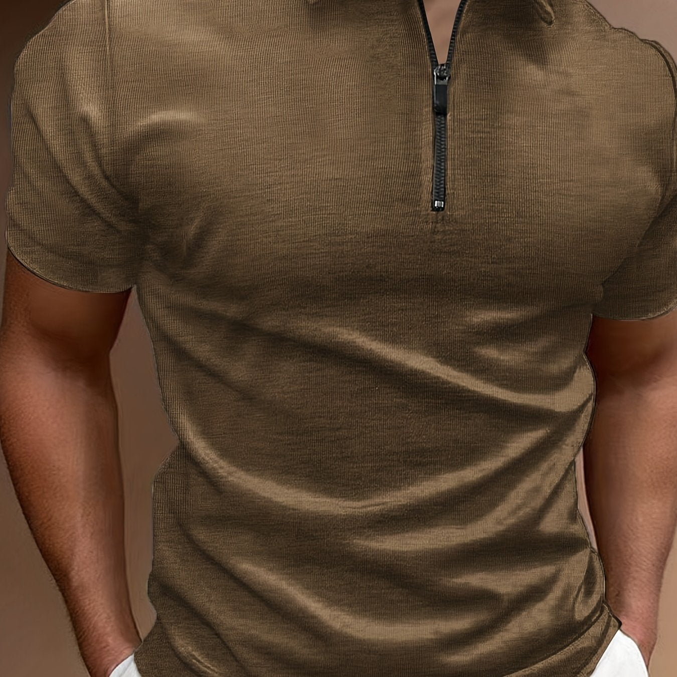 Classic Design Men's Casual Short Sleeves Zipper Polo Shirts, Lapel Collar Tops Pullovers, Men's Clothing For Summer