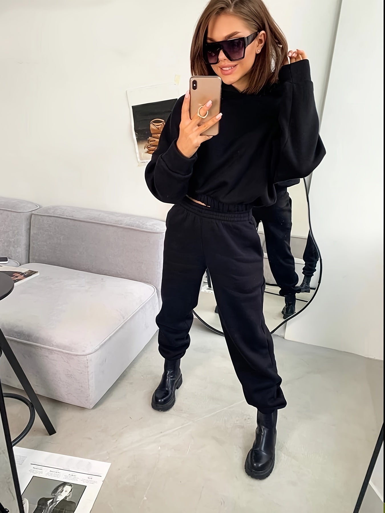 gbolsos  2pcs Solid Color Casual Suits, Long Sleeve Hooded Sweatshirts & High Waist Slant Pockets Jogger Pants Set, Women's Clothing