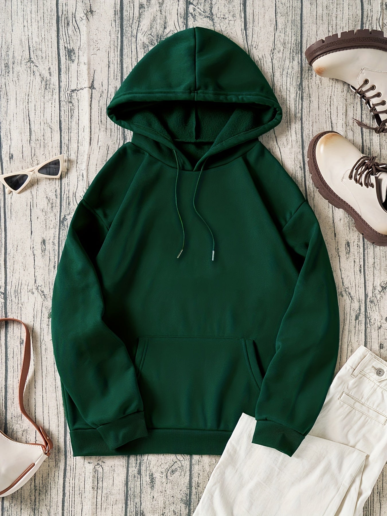 gbolsosSolid Color Casual Sports Hooded Sweatshirts, Front Pocket Drawstring Hoodie, Women's Sporty Sweatshirts
