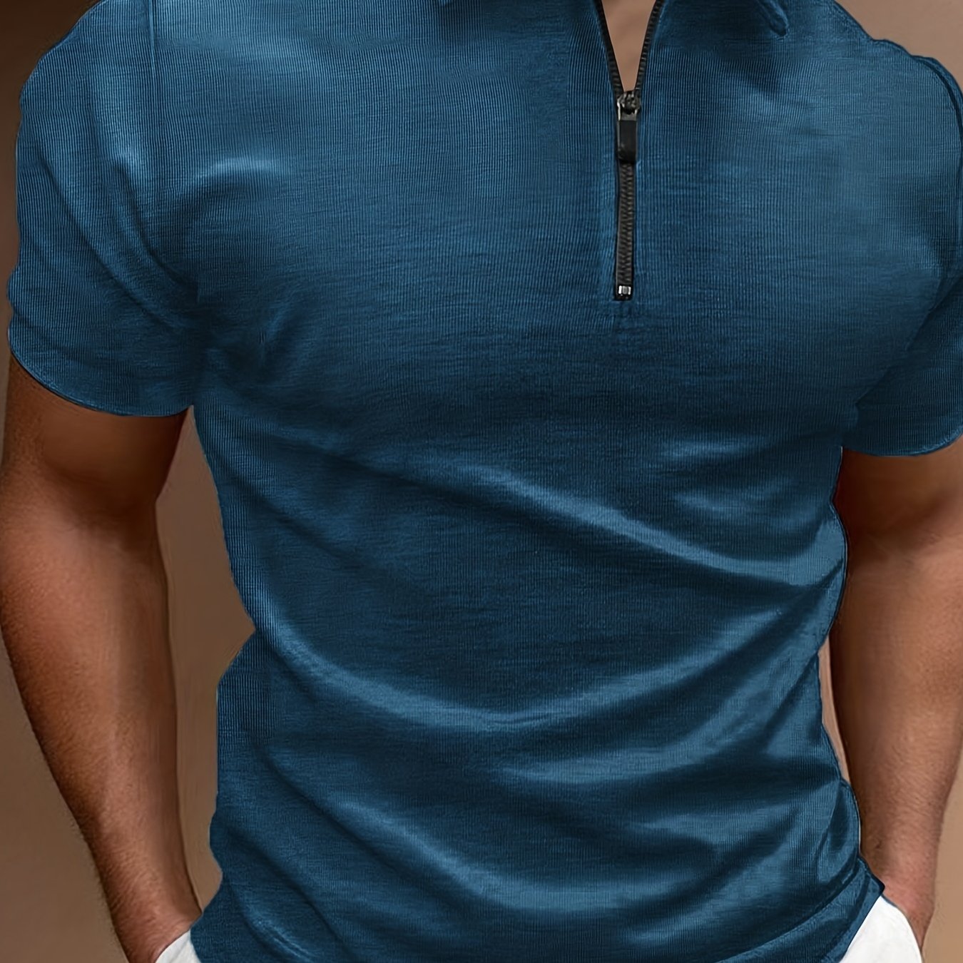 Classic Design Men's Casual Short Sleeves Zipper Polo Shirts, Lapel Collar Tops Pullovers, Men's Clothing For Summer