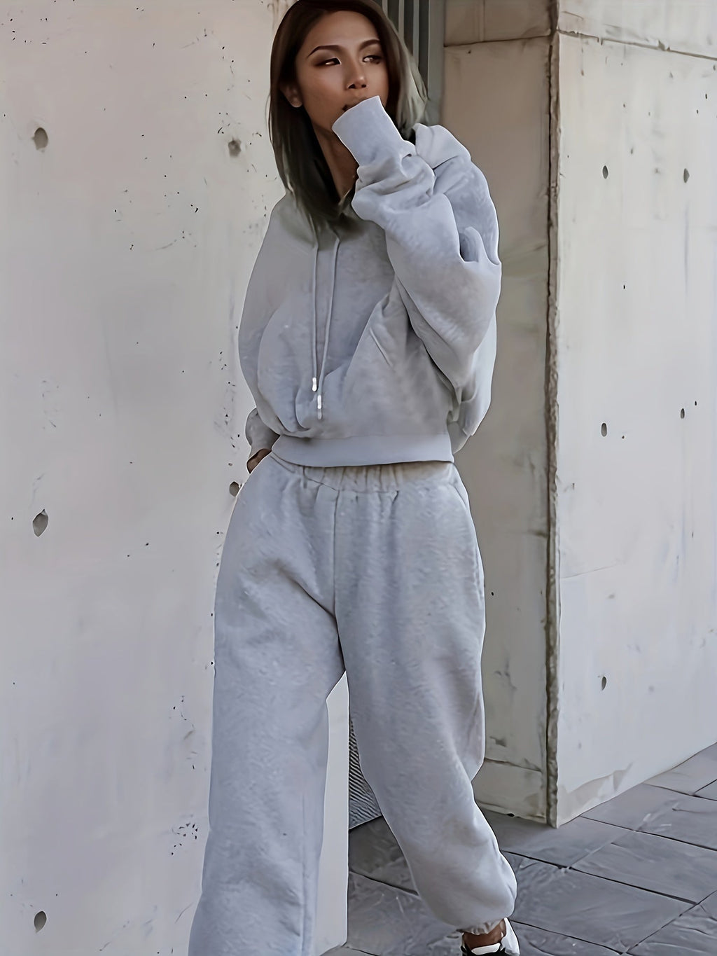 gbolsos  2pcs Athleisure Set, Oversized Solid Hooded Pocket Drawstring Sweatshirts & Sweatpants Sets, Women's Clothing