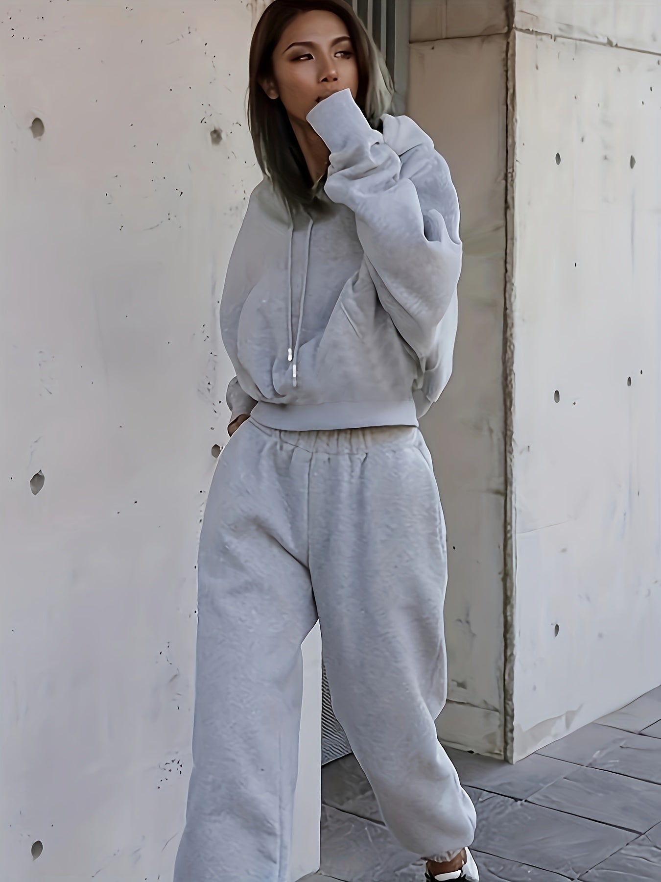 gbolsos  2pcs Athleisure Set, Oversized Solid Hooded Pocket Drawstring Sweatshirts & Sweatpants Sets, Women's Clothing