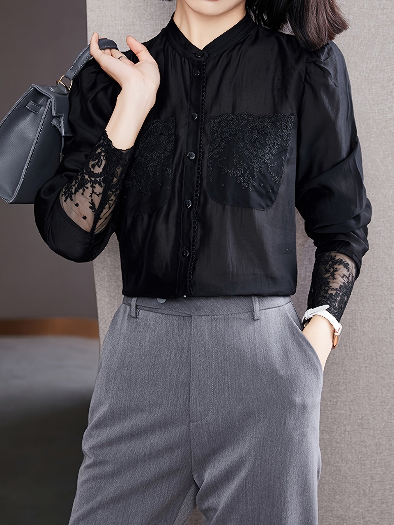 gbolsos  Lace V-neck Loose Blouses, Casual Solid Button Down Long Sleeve Fashion Shirts Tops, Women's Clothing