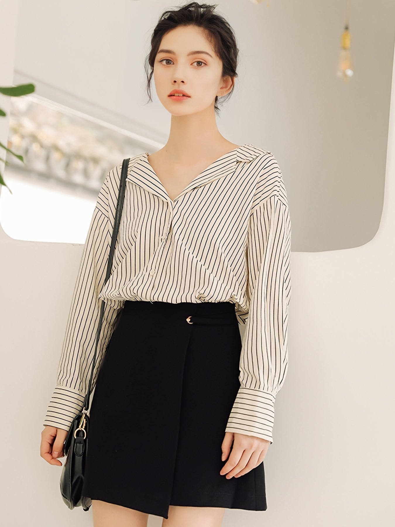 gbolsos  Striped V-neck Loose Blouses, Casual Lace Up Back Button Down Long Sleeve Fashion Shirts Tops, Women's Clothing