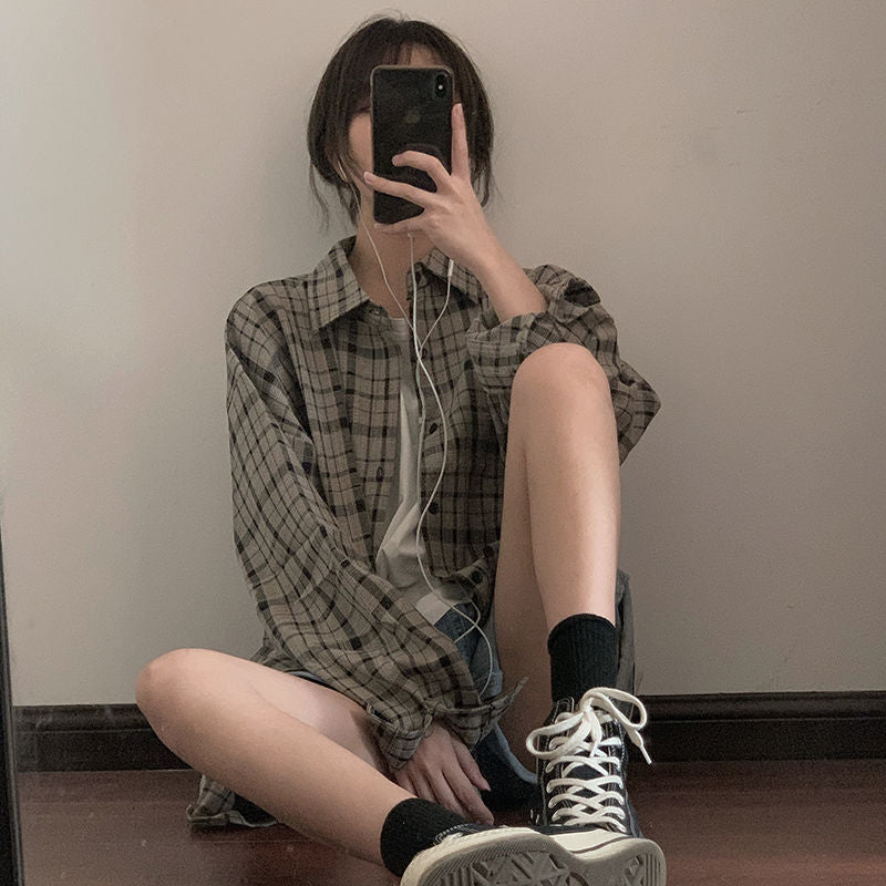 Gbolsos Retro Plaid Jackets Women Harajuku Unisex All-match Basic Teens Checkered Shirts Outwear Spring Single Breasted Couples Coats