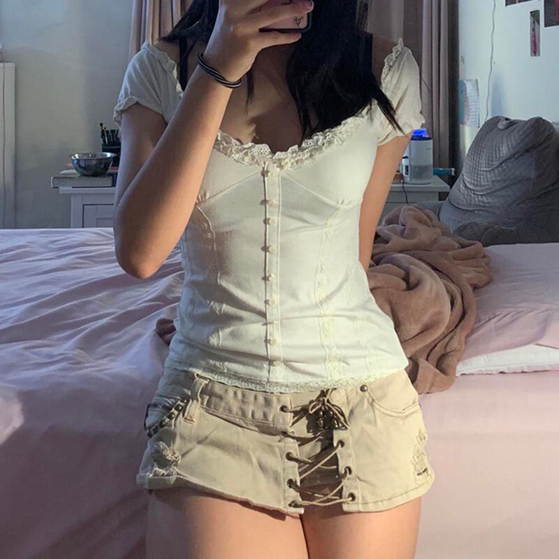 hirigin Summer Y2K Tops For Women Lace Trim Kawaii Clothes Button Up Square Collar Short Sleeve Slim Sweet Vintage T-Shirts