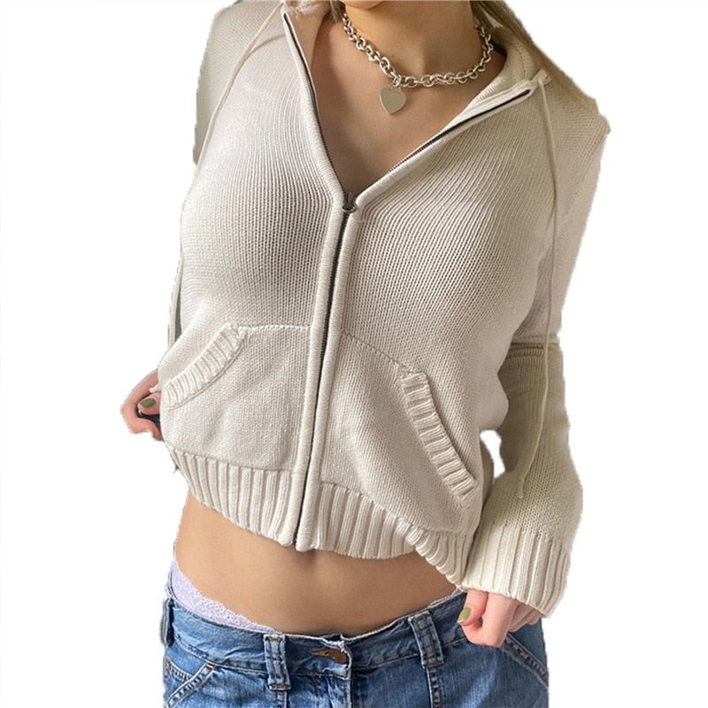 Women Zip Up Hood Cardigan Sweaters Solid Long Sleeve Drawstring Knit Hoodies Y2K Lightweight Sweatshirts