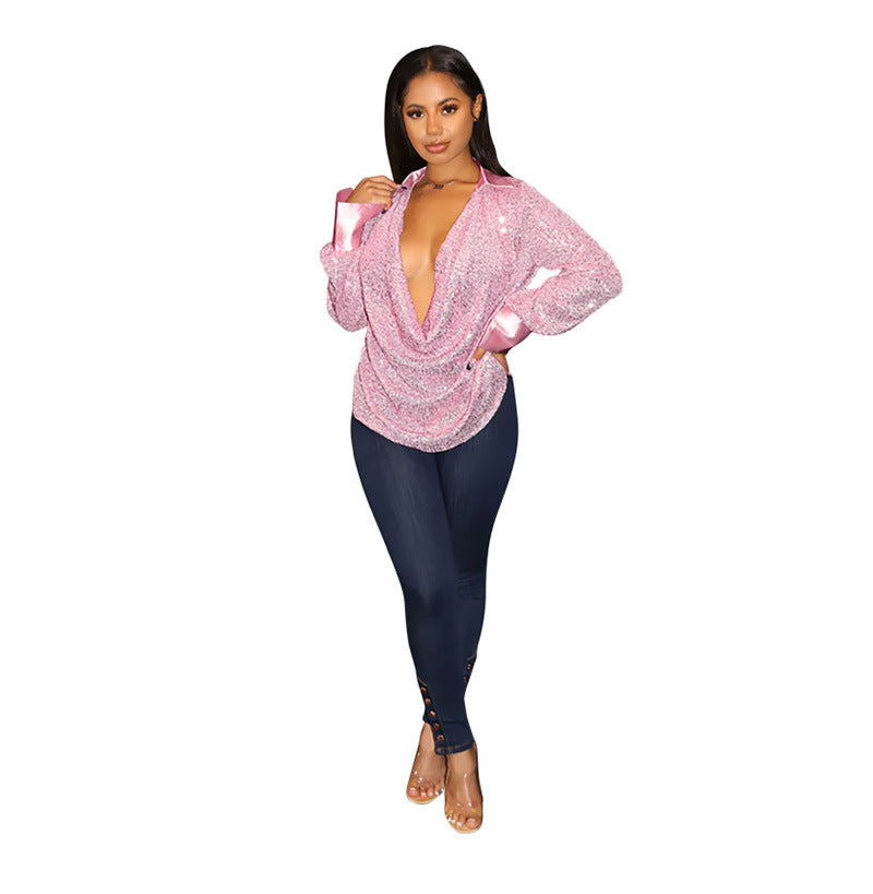 2025 shirts summer women's tops women's summer design sense niche  deep V pleated long-sleeved shirts wholesale