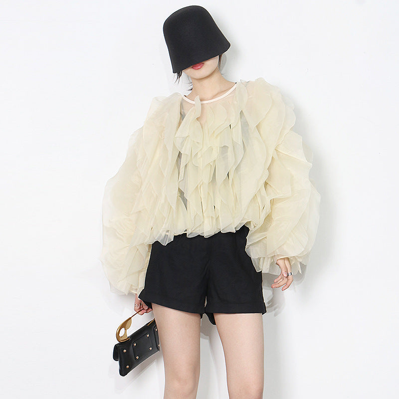 2025 fashion women's shirts  spring new design ruffle edge splicing solid color round neck Internet celebrity shirt