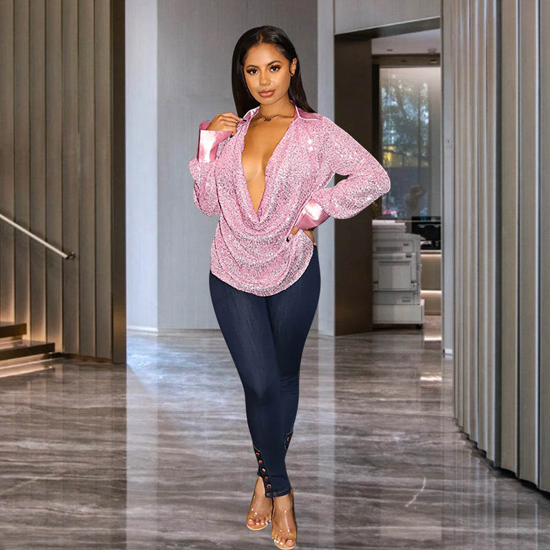 2025 shirts summer women's tops women's summer design sense niche  deep V pleated long-sleeved shirts wholesale