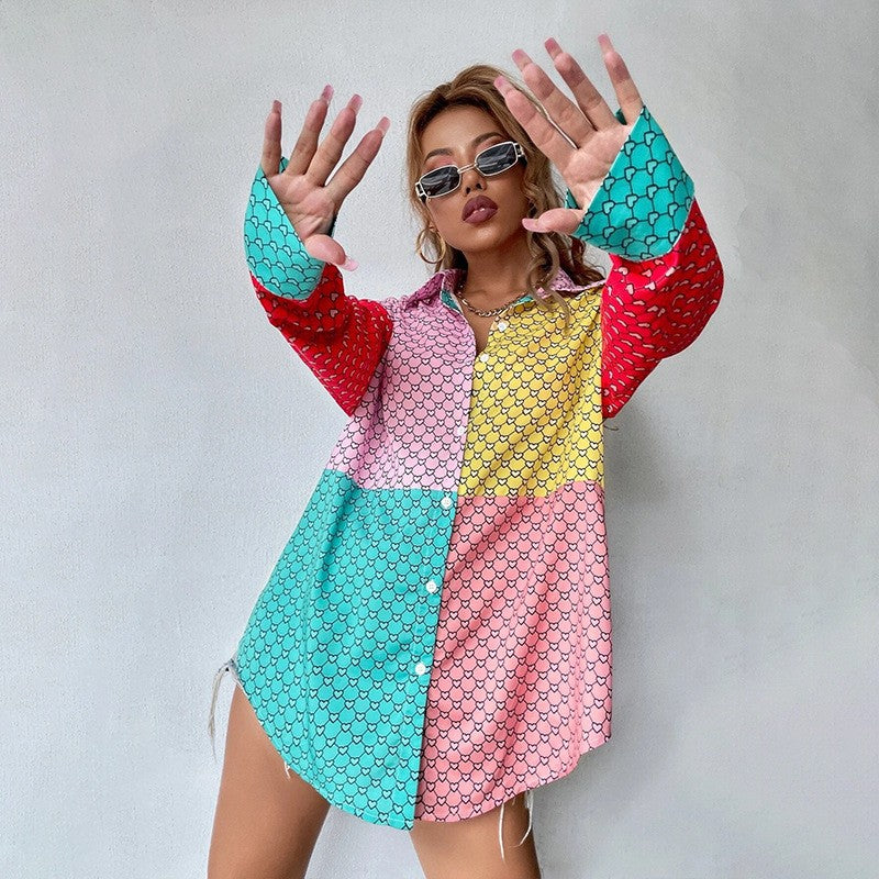 2025 shirts summer women's peach heart printing contrasting color shirts  women's design sense long-sleeved shirts wholesale