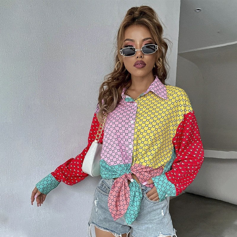 2025 shirts summer women's peach heart printing contrasting color shirts  women's design sense long-sleeved shirts wholesale