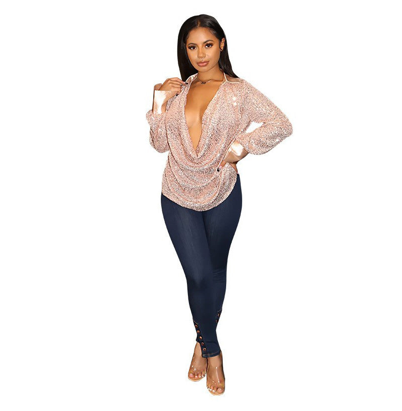 2025 shirts summer women's tops women's summer design sense niche  deep V pleated long-sleeved shirts wholesale
