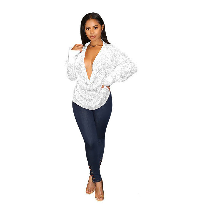 2025 shirts summer women's tops women's summer design sense niche  deep V pleated long-sleeved shirts wholesale