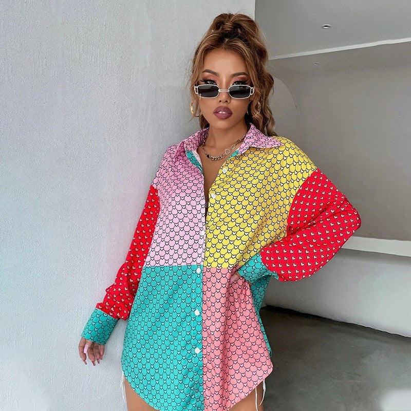 2025 shirts summer women's peach heart printing contrasting color shirts  women's design sense long-sleeved shirts wholesale