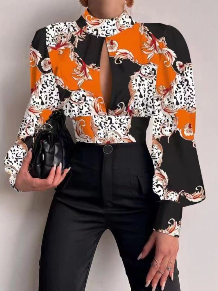 Spring and Summer New Women's Shirts Stand-up Collar Long-sleeved Lantern-sleeved Tops Backless Hollow Blouses Elegant Shirts