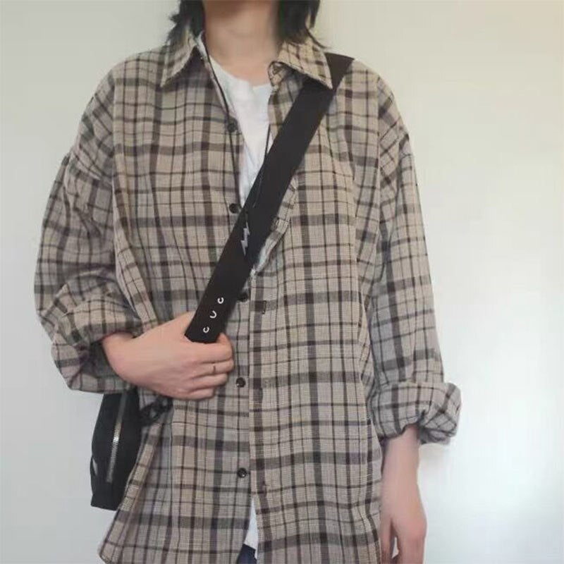 Gbolsos Retro Plaid Jackets Women Harajuku Unisex All-match Basic Teens Checkered Shirts Outwear Spring Single Breasted Couples Coats