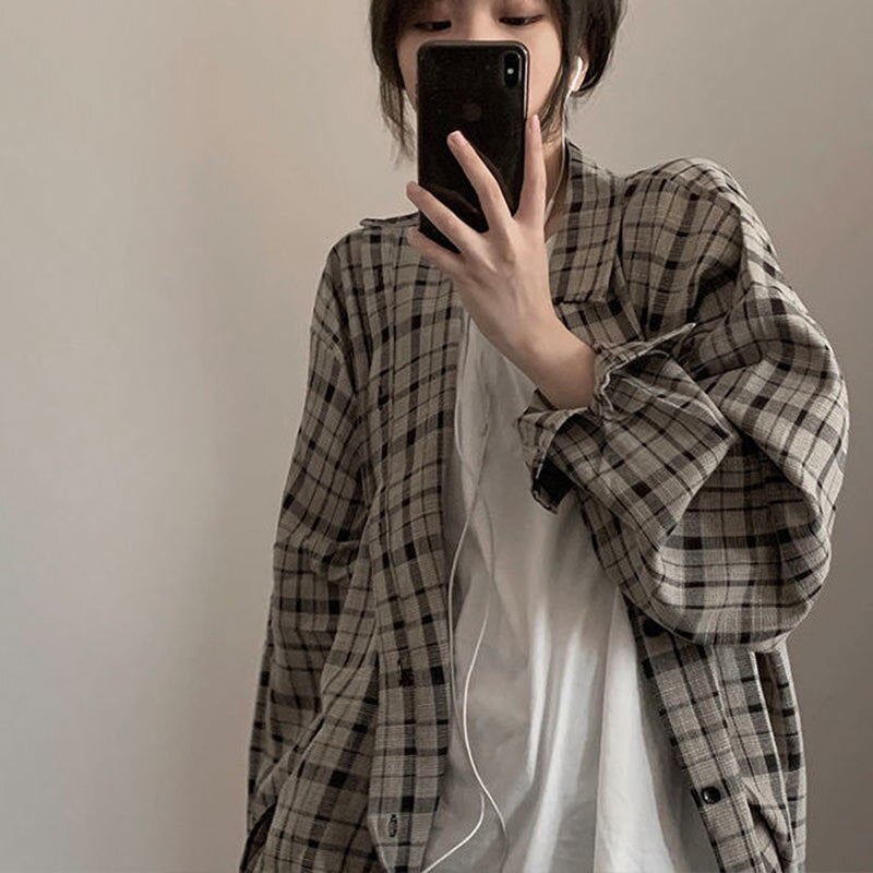 Gbolsos Retro Plaid Jackets Women Harajuku Unisex All-match Basic Teens Checkered Shirts Outwear Spring Single Breasted Couples Coats