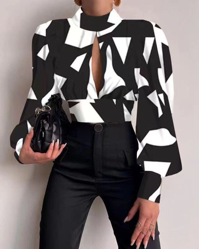 Spring and Summer New Women's Shirts Stand-up Collar Long-sleeved Lantern-sleeved Tops Backless Hollow Blouses Elegant Shirts