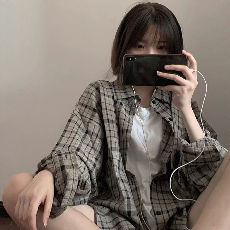 Gbolsos Retro Plaid Jackets Women Harajuku Unisex All-match Basic Teens Checkered Shirts Outwear Spring Single Breasted Couples Coats