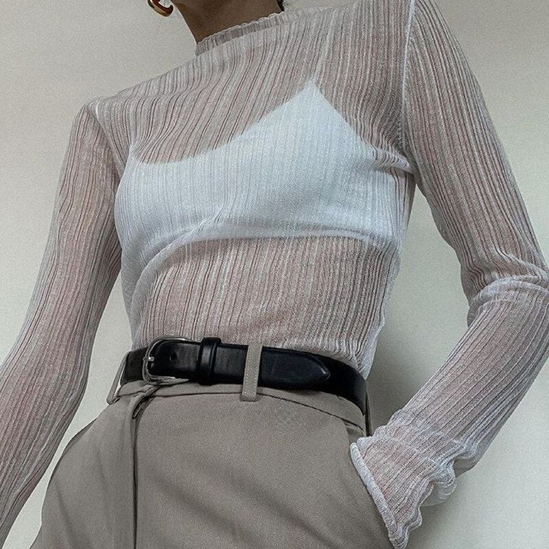 Sexy See Through Long Sleeve Mock Neck Women Tops Fashion Streetwear T-Shirts Tees   New Elegant Ladies Slim Clothes