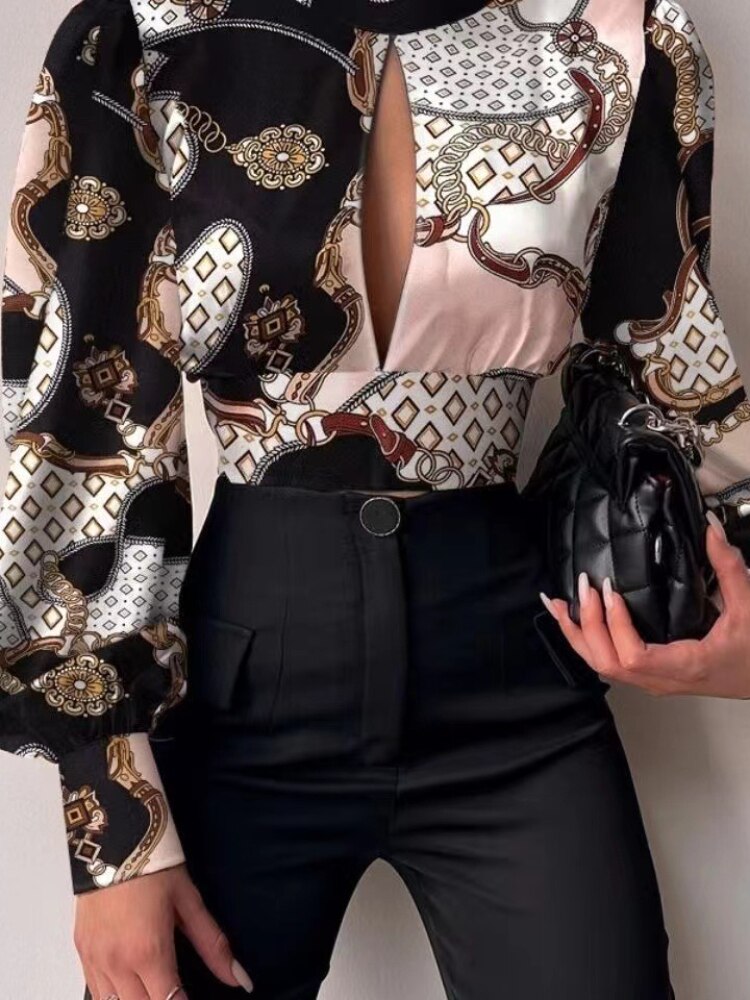 Spring and Summer New Women's Shirts Stand-up Collar Long-sleeved Lantern-sleeved Tops Backless Hollow Blouses Elegant Shirts