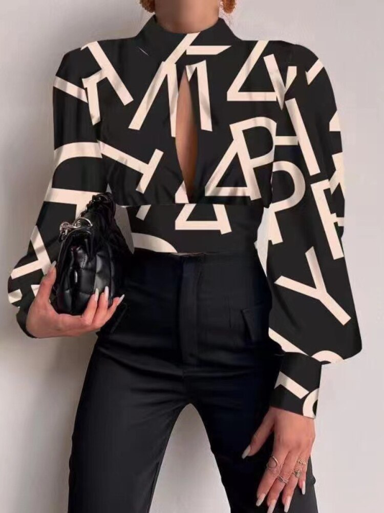 Spring and Summer New Women's Shirts Stand-up Collar Long-sleeved Lantern-sleeved Tops Backless Hollow Blouses Elegant Shirts