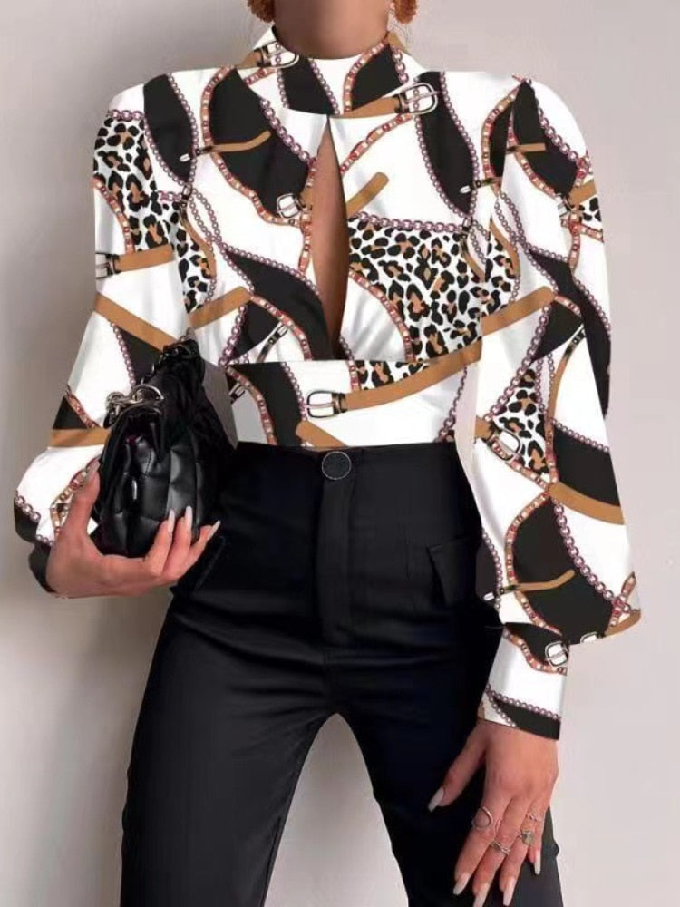 Spring and Summer New Women's Shirts Stand-up Collar Long-sleeved Lantern-sleeved Tops Backless Hollow Blouses Elegant Shirts