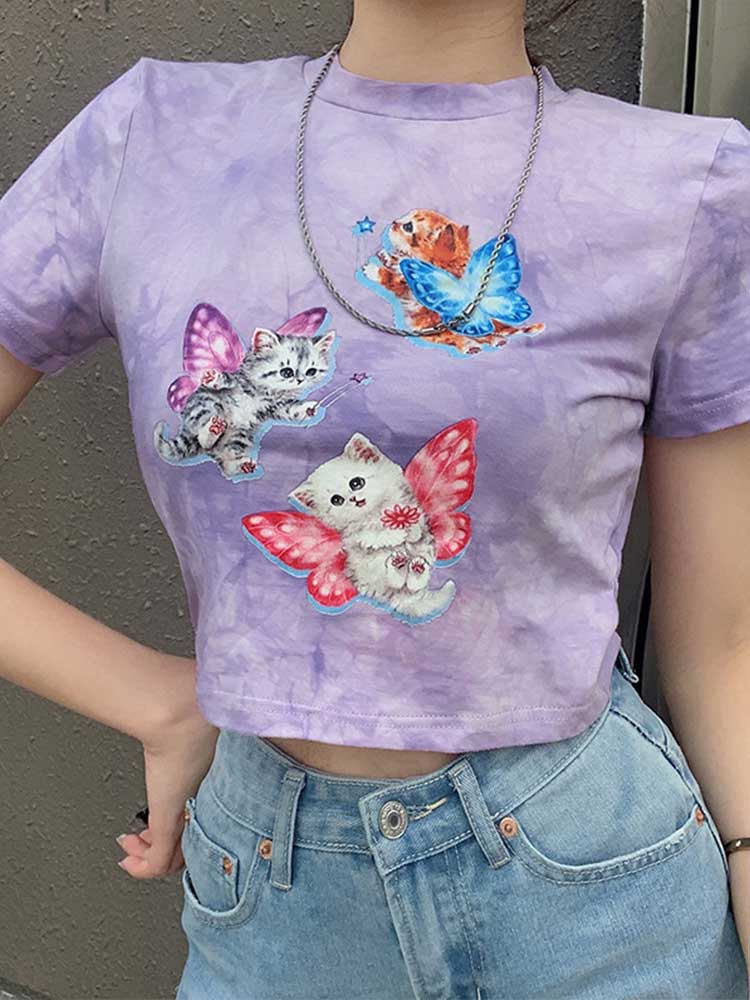 Gbolsos Cute Crop Top T-shirts Tie Dye Summer Tops Casual Cat Print Graphic Tees Short Sleeve T-shirt Ladies Purple Tee Shirt Basic Top