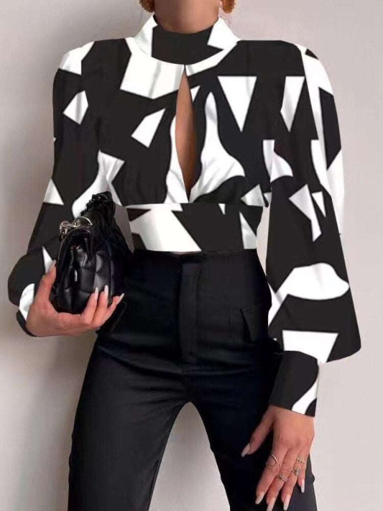 Spring and Summer New Women's Shirts Stand-up Collar Long-sleeved Lantern-sleeved Tops Backless Hollow Blouses Elegant Shirts