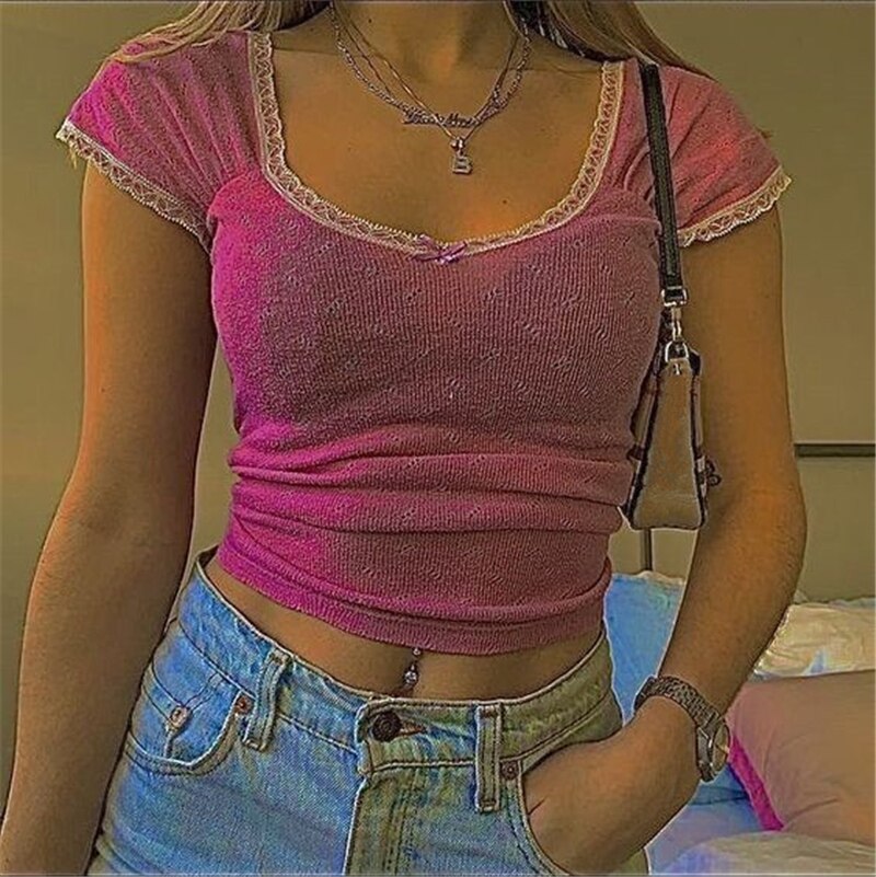2000s Aesthetic Lace Crop Tops   Summer Women Short Sleeve T Shirt Sweat Shirts Fairycore Streetwear Korean Fashion Clothing