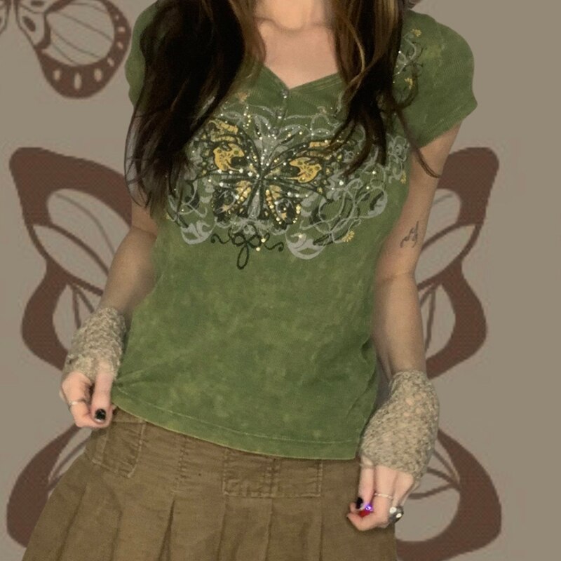 hirigin Retro Green Grunge Print Tee Vintage y2k Graphic T Shirts Women Button Up V Neck Slim Short Sleeve Aesthetic Sweats Tops