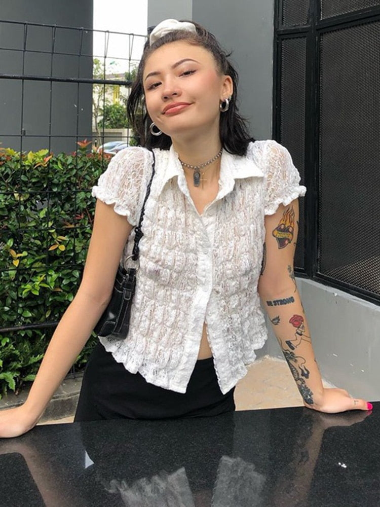 Top Women   White Shirt Ruffle Lace Top See Through Blouses Turn Down Collar Shirts Short Sleeve Tees Street Women Clothing