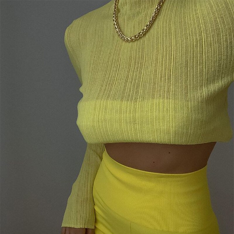 Sexy See Through Long Sleeve Mock Neck Women Tops Fashion Streetwear T-Shirts Tees   New Elegant Ladies Slim Clothes