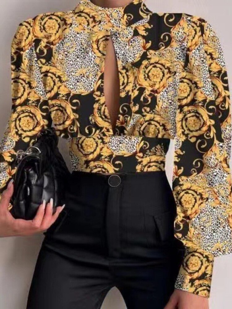 Spring and Summer New Women's Shirts Stand-up Collar Long-sleeved Lantern-sleeved Tops Backless Hollow Blouses Elegant Shirts