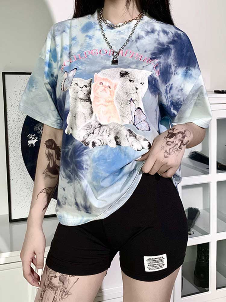Gbolsos Cute Crop Top T-shirts Tie Dye Summer Tops Casual Cat Print Graphic Tees Short Sleeve T-shirt Ladies Purple Tee Shirt Basic Top