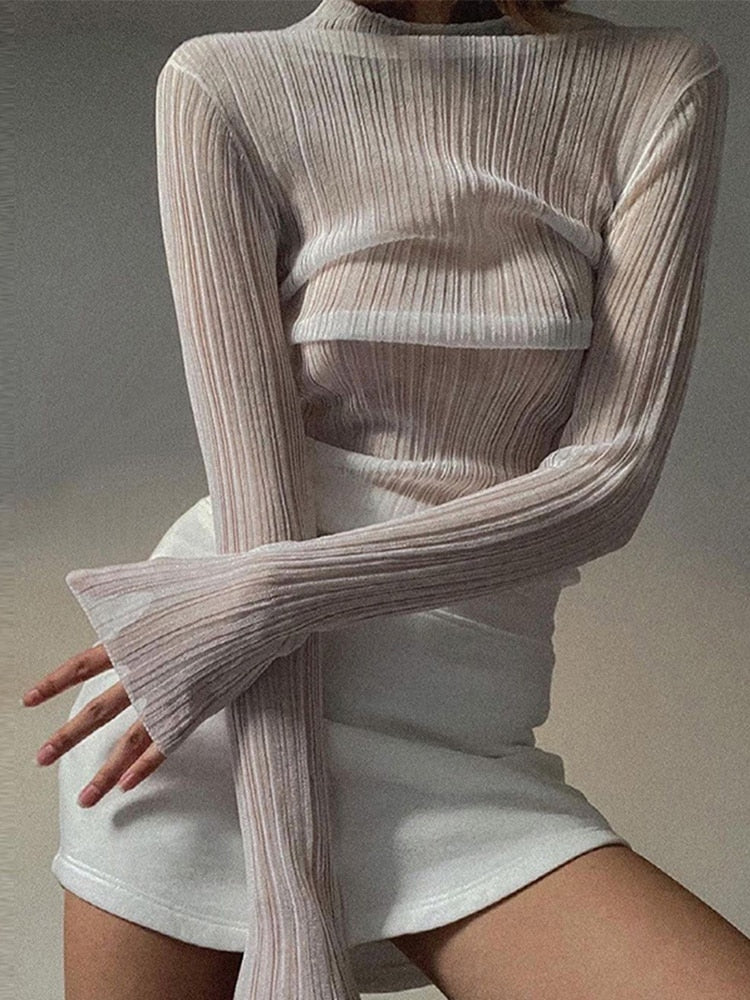 Sexy See Through Long Sleeve Mock Neck Women Tops Fashion Streetwear T-Shirts Tees   New Elegant Ladies Slim Clothes