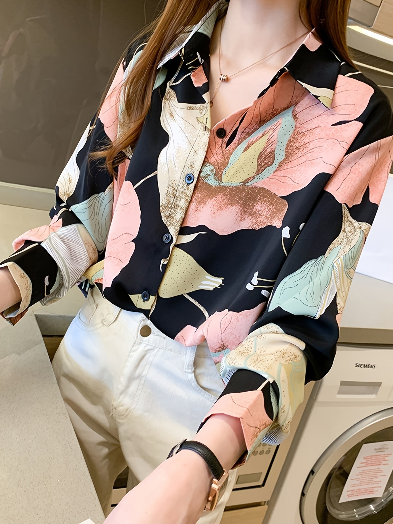 gbolsos  Print V-neck Loose Lapel Blouses, Casual Button Down Long Sleeve Fashion Shirts Tops, Women's Clothing