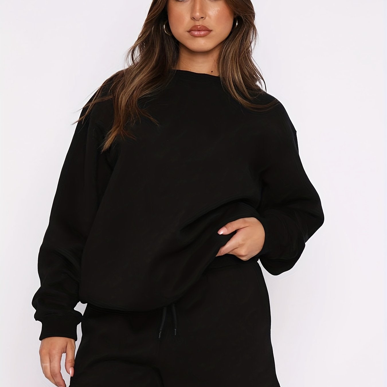 gbolsos  2 Pieces Solid Color Casual Sports Set, Crew Neck Long Sleeve Pullover Shirts & Drawstring Sweatpants, Women's Activewear
